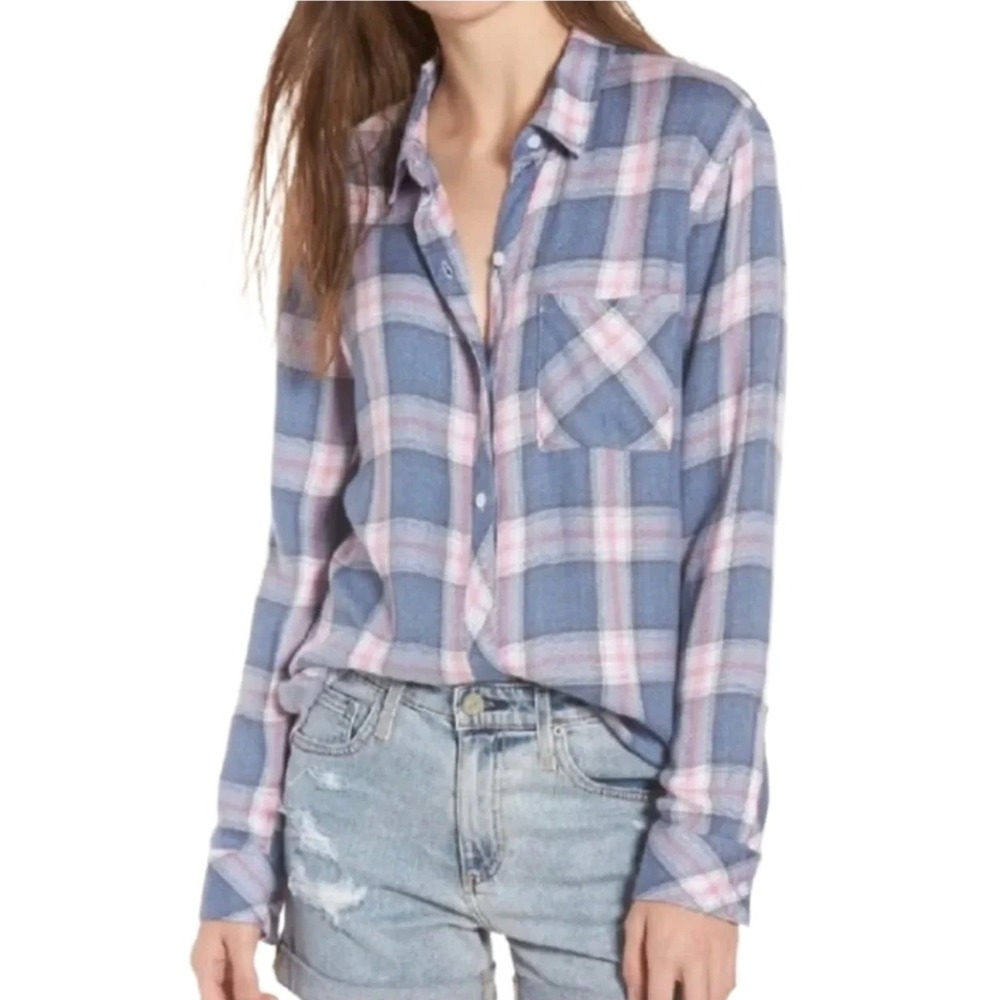 Rails Hunter Indigo Berry Plaid Button Down Shirt Blue Pink Rayon Medium